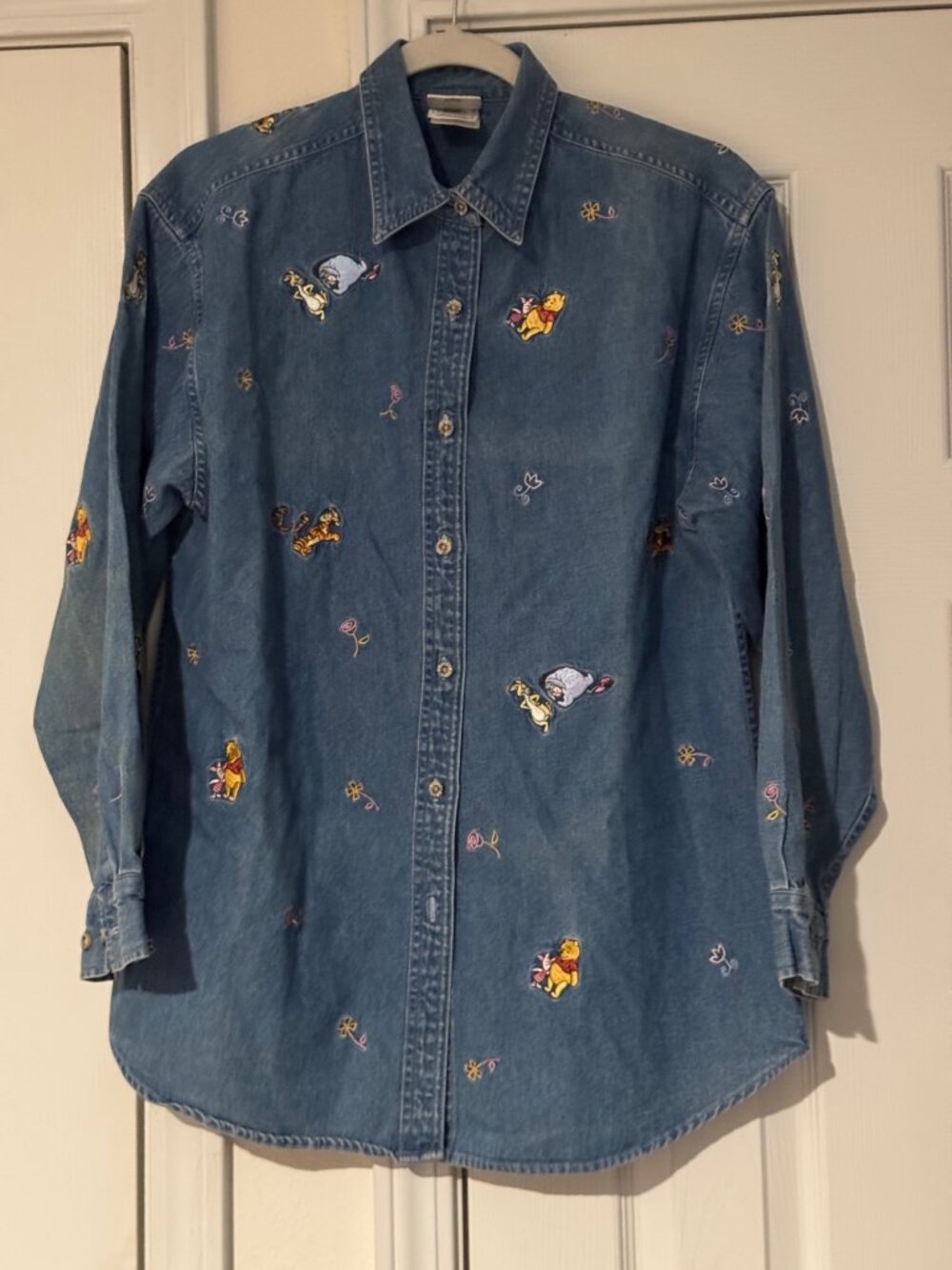 VTG 1990s Denim button blouse top shirt Down Disney Winnie the Pooh Embroidereed